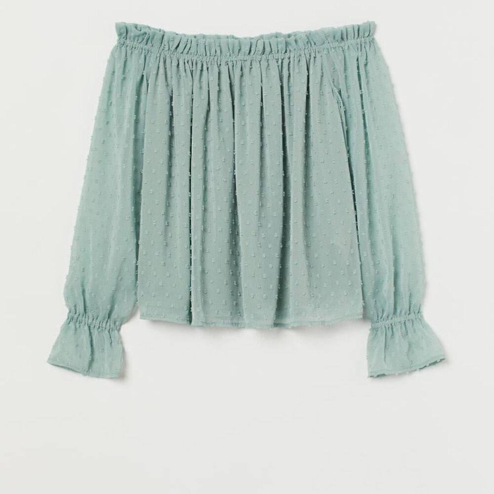 H&M DIVIDED off shoulder top light green chiffon crepe lined sheer sleeves top 6
